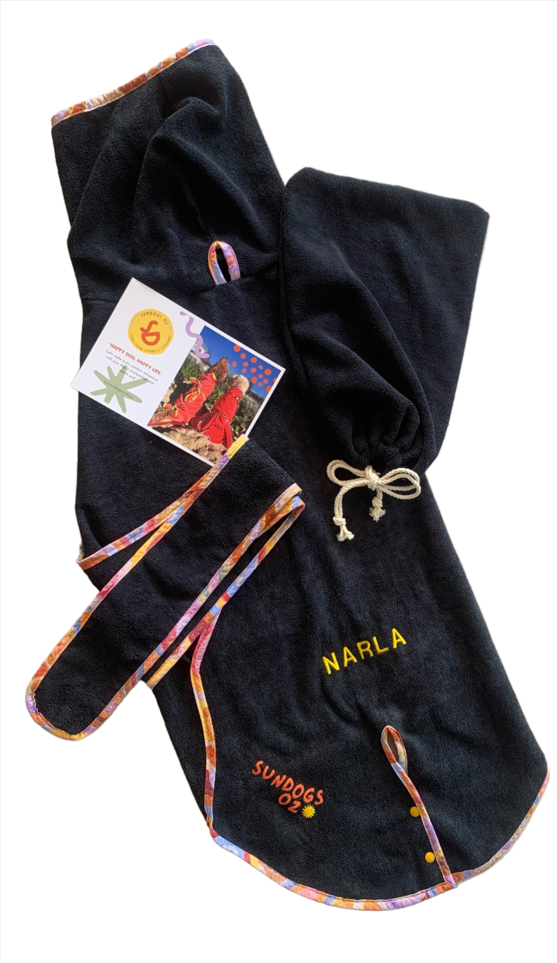 Personalised dog drying comfort coat . Dog bath towel and beach towel. Black towel with colourful trim