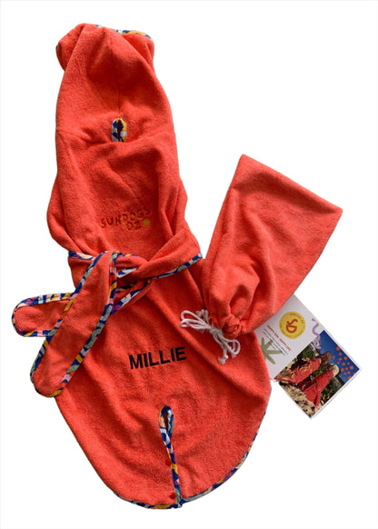 Personalised dog drying comfort coat . Dog bath towel and beach towel. Red towel with colourful trim